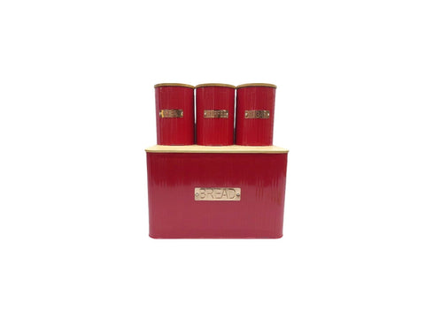 Bread Bin Steel Design with Bamboo Lid & 3 Piece Canister Set