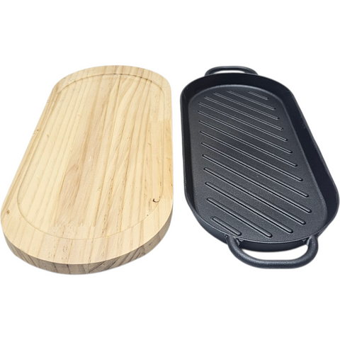Cast Iron Steak Platter and Wooden Platter 37*16cm