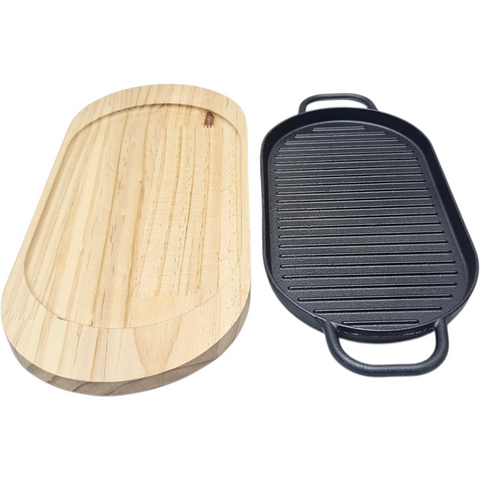 Cast Iron Steak plate and Wooden Platter 30*16CM