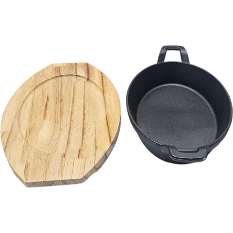 Oval Cast Iron Pan with Handle and Wooden Platter 24*17cm
