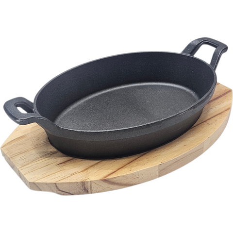 Oval Cast Iron Pan with Handle and Wooden Platter 24*17cm