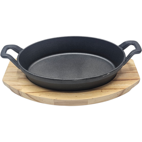 Oval Cast Iron Pan with Handle and Wooden Platter 24*17cm
