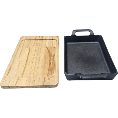 Square Cast Iron Dish and Wooden Platter 24cm