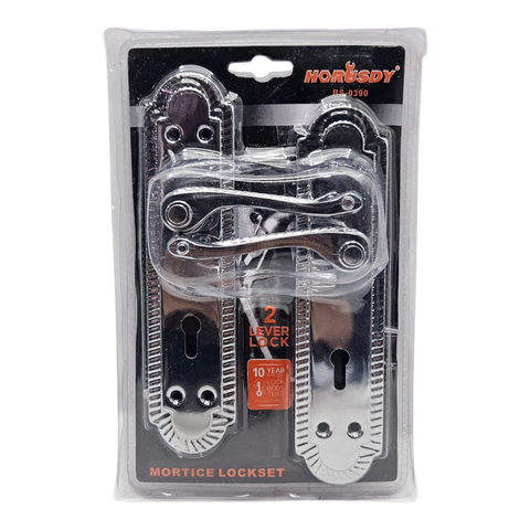 Packaged mortice lockset with HORUSDY branding on a white background