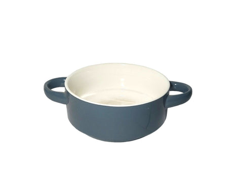 A gray ceramic soup bowl with two handles and a white interior.
