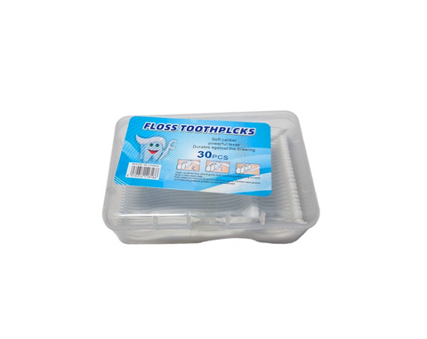 A tub of 2-in-1 dental floss picks with 30 pieces. The packaging is primarily blue and white, with an image of a toothbrush and floss on the front.