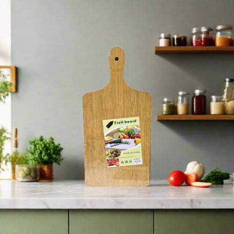 Wooden fruit board with a handle on a white background