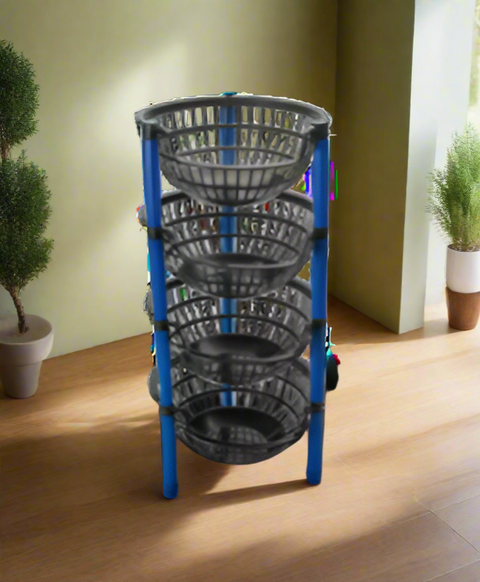 Basket rack with multiple tiers on a white background