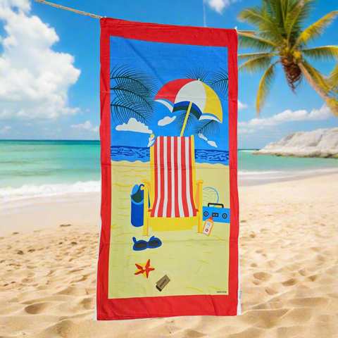 Beach towel with a colorful beach scene design on a white background
