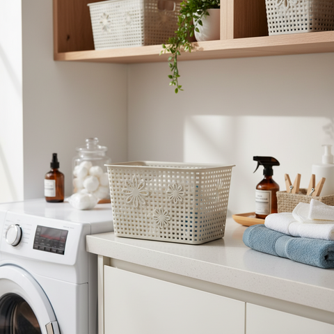 Beige storage basket with floral designs on a white background