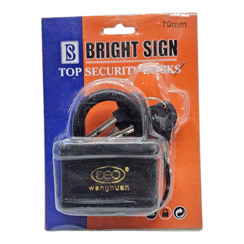 Black padlock in clear plastic packaging on a Bright Sign branded background