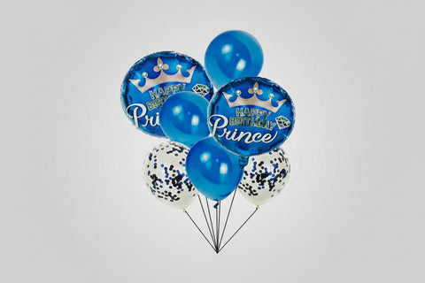 Set of balloons with 'Happy Birthday Prince' text on a white background