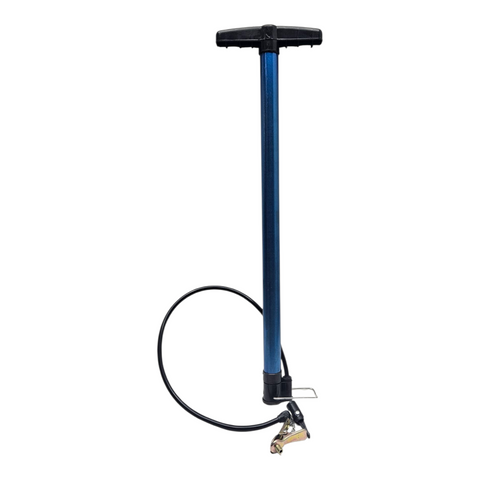 Blue bicycle pump with black handle on a white background