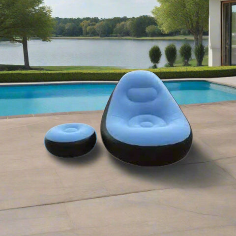 Blue inflatable chair with black base on a white background