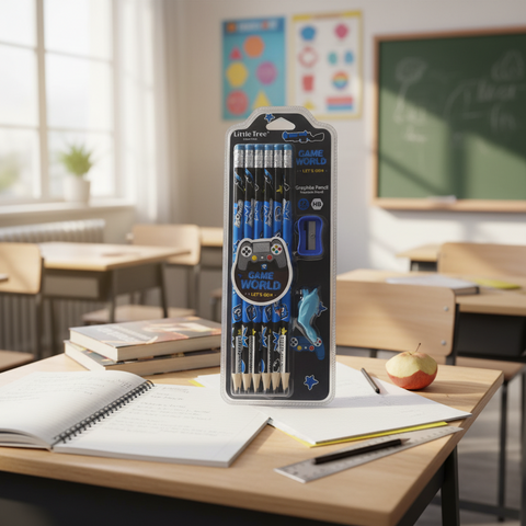 Packaged set of pencils and sharpener with 'Game World' branding on a white background