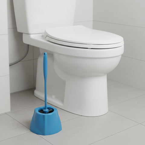 Blue toilet brush with holder on a white background