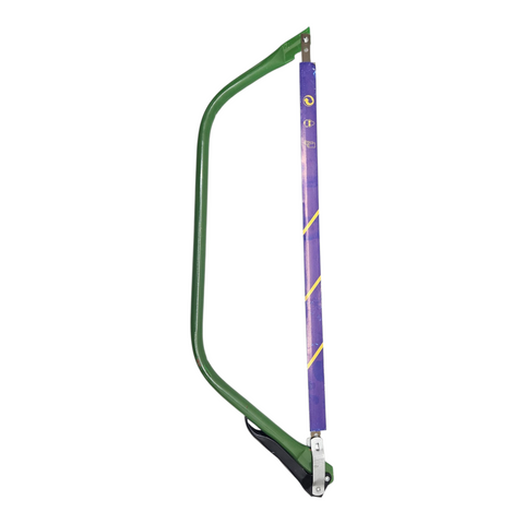 Hand saw with green handle and purple blade on a white background
