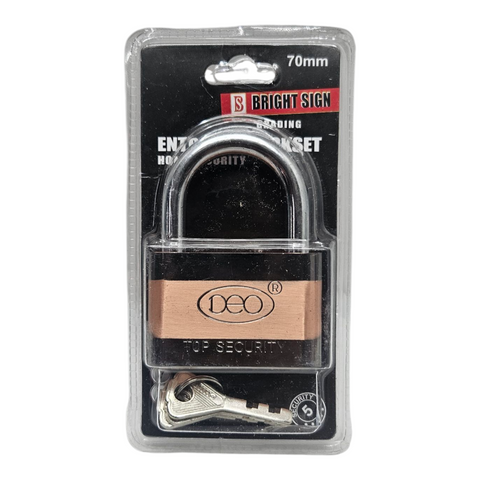 Padlock with key in packaging labeled 'DEO' on a white background