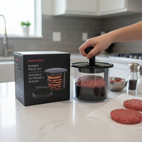 Burger press set with black container and packaging labeled 'Danny Home' on a white background