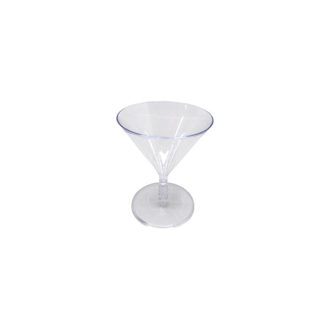 Clear plastic martini glass on a white background
