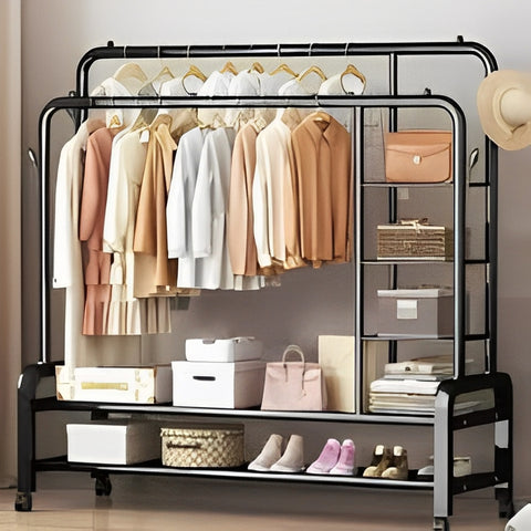 Clothing rack with clothes, bags, and shoes on a neutral background