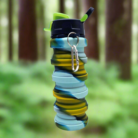 Collapsible water bottle with colorful design and carabiner on a white background