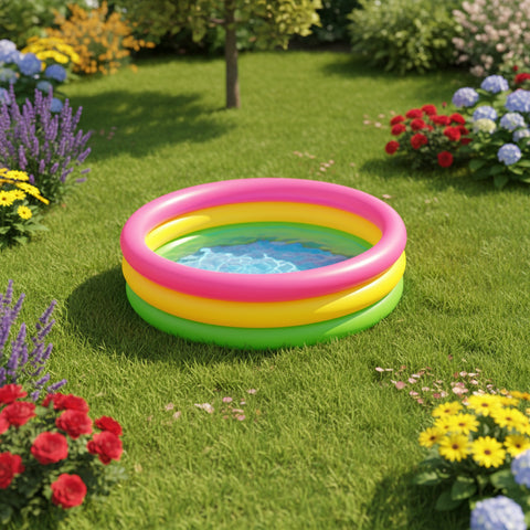 Colorful inflatable pool on a grassy lawn with flowers around