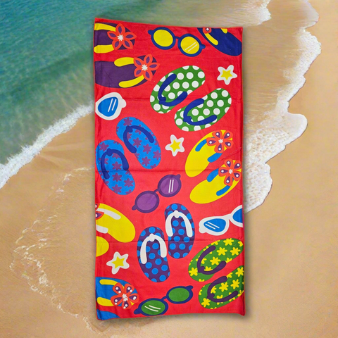 Colorful  Red towel with flip-flop design on a red background