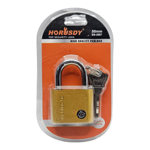 Gold padlock with key in packaging labeled 'Horusdy' on a white background