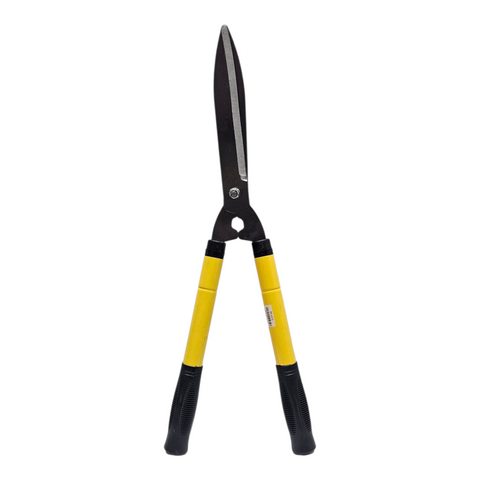 Gardening shears with yellow and black handles on a white background