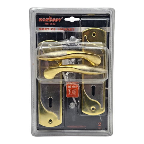 Gold door handle mortice lockset in packaging with HORUSDY branding.