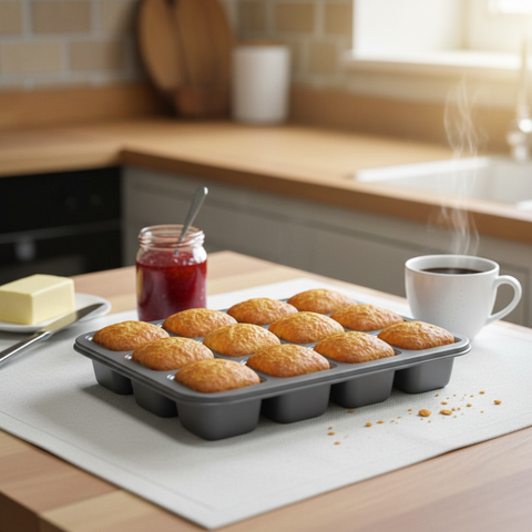 Gray 12-cavity baking mold on a wooden surface with a kitchen background