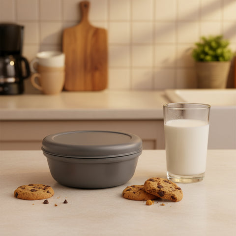Gray container with a lid on a white background