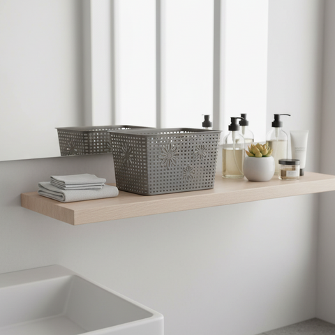 Gray storage basket with floral patterns on a white background