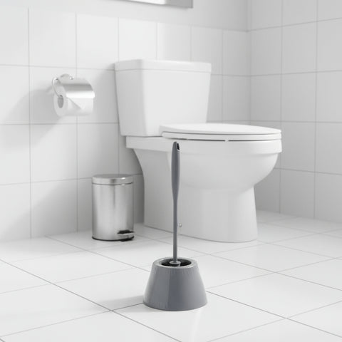 Gray toilet brush with black handle on a white background