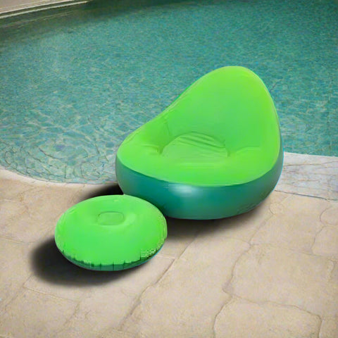 Green inflatable chair and ottoman set on a white background