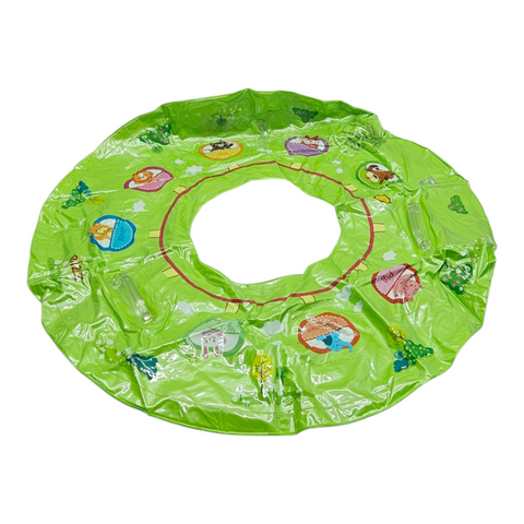 Green inflatable swim ring with cartoon designs on a white background