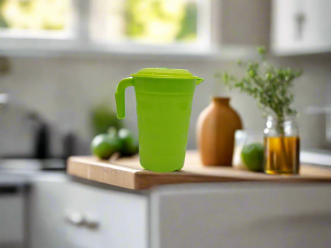 Green pitcher with a lid on a white background