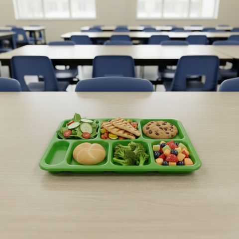 Green plastic compartmentalized tray on a white background