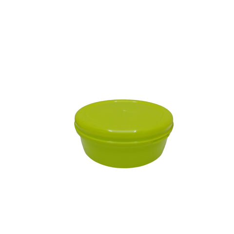 Green plastic container with a lid on a white background