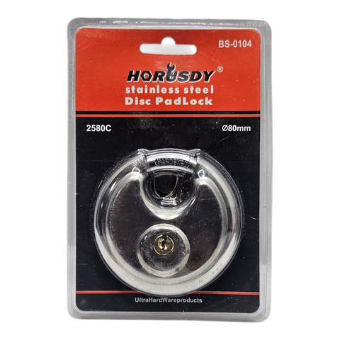 Horusdy stainless steel disc padlock in packaging on a white background