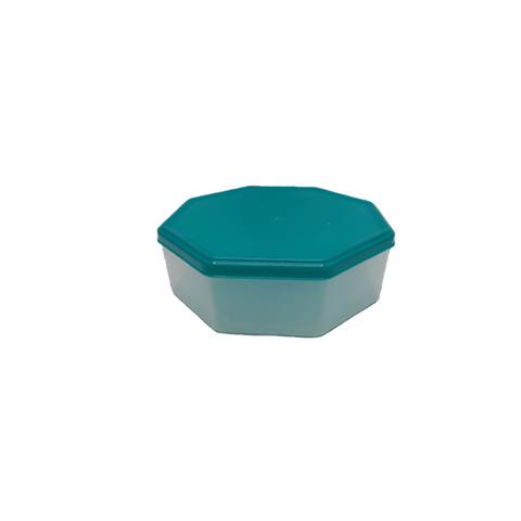 Hexagonal container with a teal lid on a white background