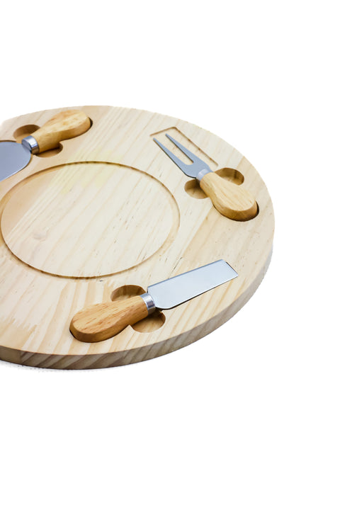 Bamboo Cheese Board Serving Platter & 4 Stainless Steel Cheese Knives 29*29*1.5cm