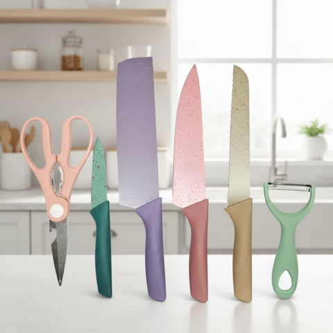Set of colorful kitchen utensils including scissors, knives, and a peeler on a white background