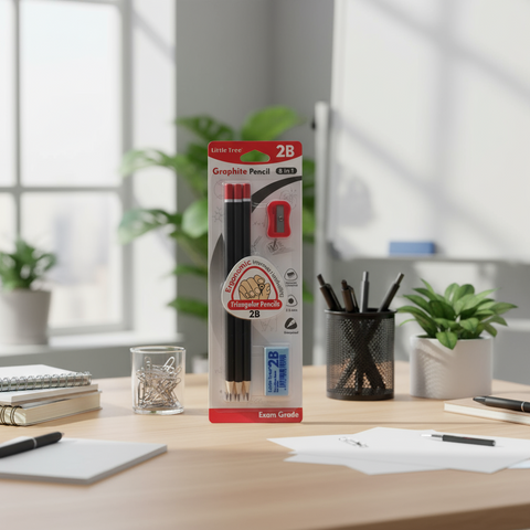 Package of 2B graphite pencils on a desk with office supplies in the background