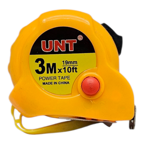 Yellow tape measure with 'UNT' branding on a white background