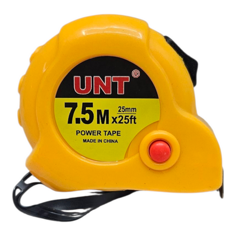 Yellow tape measure with red button and 'UNT' branding on a white background