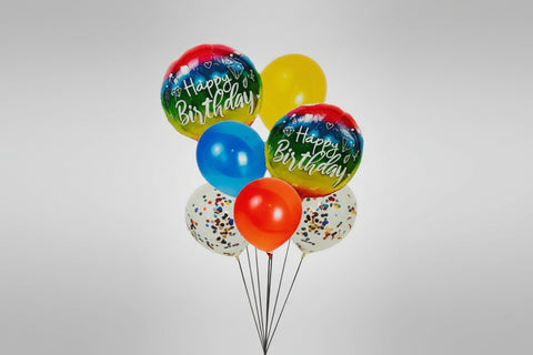 Colorful birthday balloons with 'Happy Birthday' text on a white background