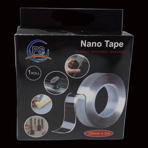 Packaging of Nano Tape with FS logo and product details on a black background