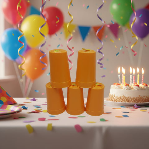Five orange plastic cups stacked on a white background